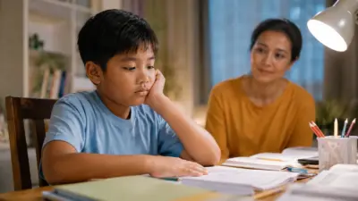 Ilustrasi anak murung saat mengerjakan banyak tugas sekolah di rumah dengan orang tua yang memperhatikan.