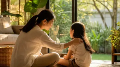 Ayah dan anak duduk bersama di ruang keluarga yang rapi, berbicara dengan hangat sebagai langkah menjaga kesehatan mental anak di rumah