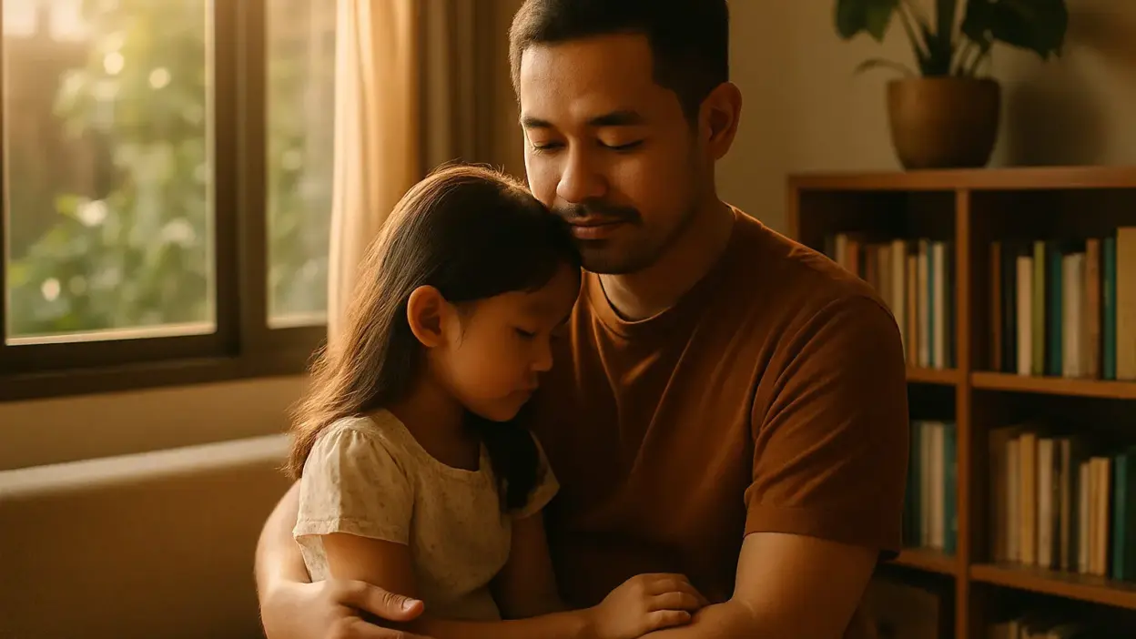 Orang tua berdiskusi hangat dengan anak di ruang keluarga sebagai ruang aman menghadapi kecemasan anak