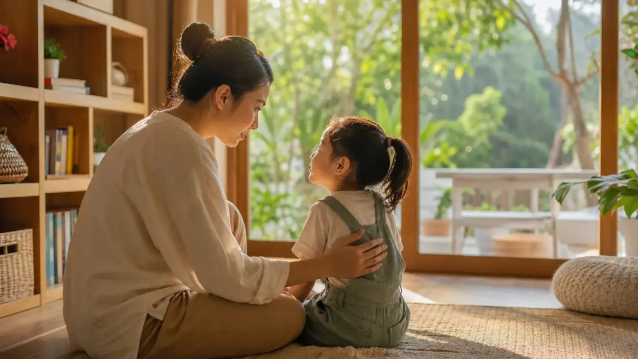Orang tua berbicara hangat dengan anak di ruang keluarga sebagai dukungan bagi kesehatan mental anak