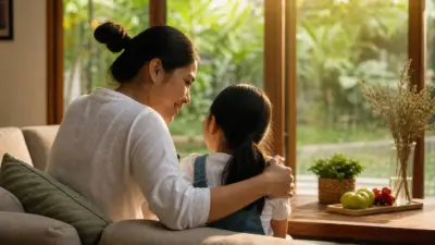 Orang tua dengan lembut menemani anak yang pendiam di ruang keluarga yang terang dan nyaman
