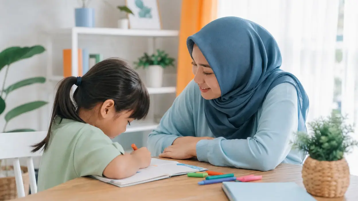 Seorang ibu Indonesia duduk di meja belajar, berbicara lembut saat anaknya menggambar di buku, suasana rumah hangat dan suportif