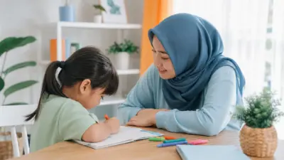 Seorang ibu Indonesia duduk di meja belajar, berbicara lembut saat anaknya menggambar di buku, suasana rumah hangat dan suportif