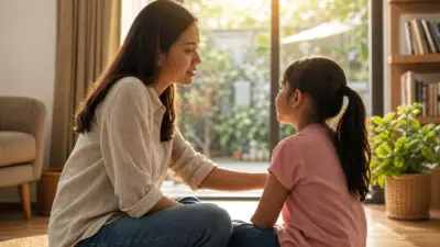 Orang tua berbicara hangat dengan anak di ruang keluarga yang nyaman untuk mendukung mental health anak