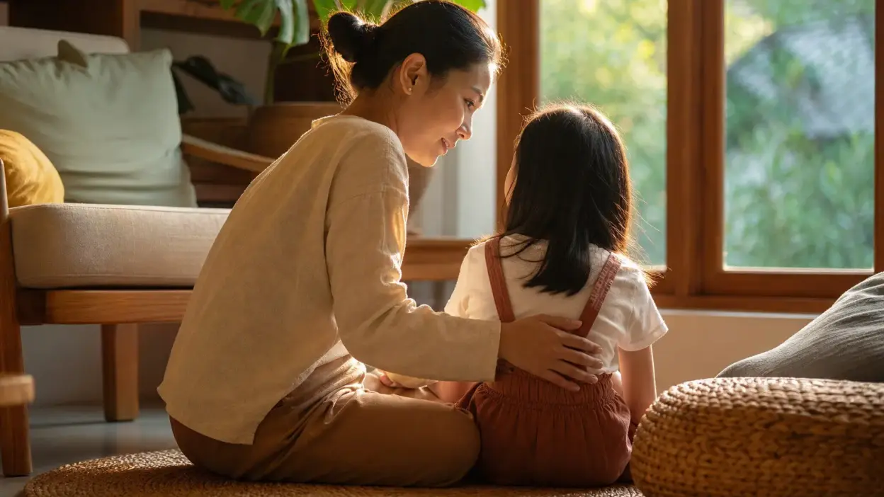 Orang tua mengobrol hangat dengan anak remaja tentang penggunaan media sosial untuk menjaga mental health anak