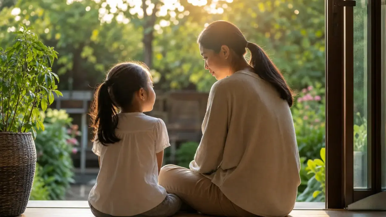Orang tua mengobrol tenang dengan anak remaja di ruang keluarga yang hangat membahas risiko HIV dengan cara yang aman bagi mental health anak