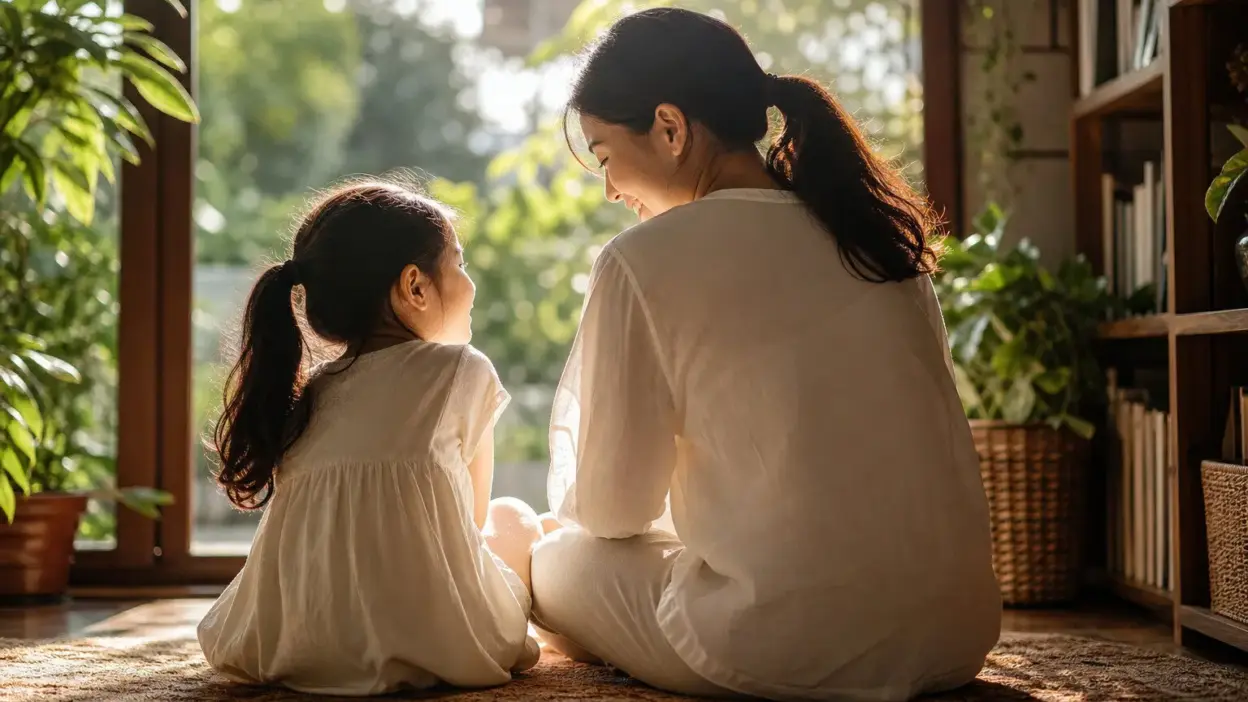 Orang tua berbicara hangat dengan anak di ruang keluarga sebagai dukungan mental health anak
