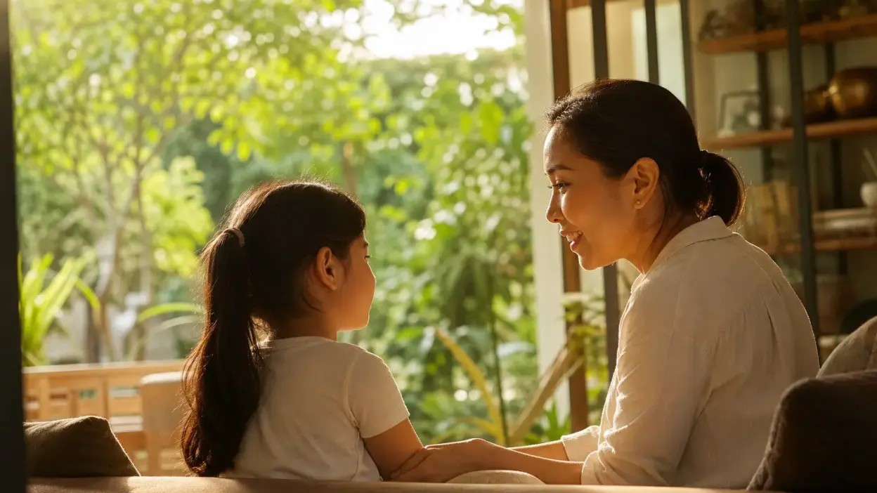 Orang tua berdiskusi dengan anak di ruang keluarga yang tenang untuk menjaga mental health anak saat membahas isu HIV