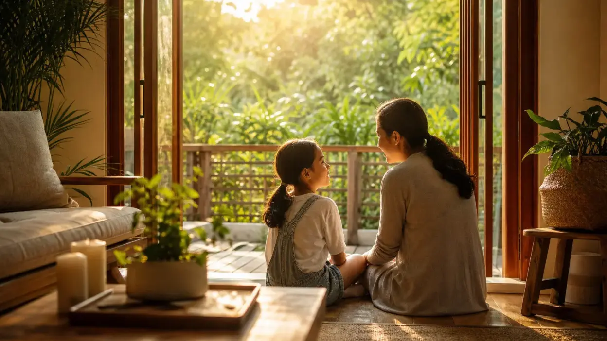 Orang tua dan remaja berbincang hangat di ruang keluarga sebagai dukungan mental health anak