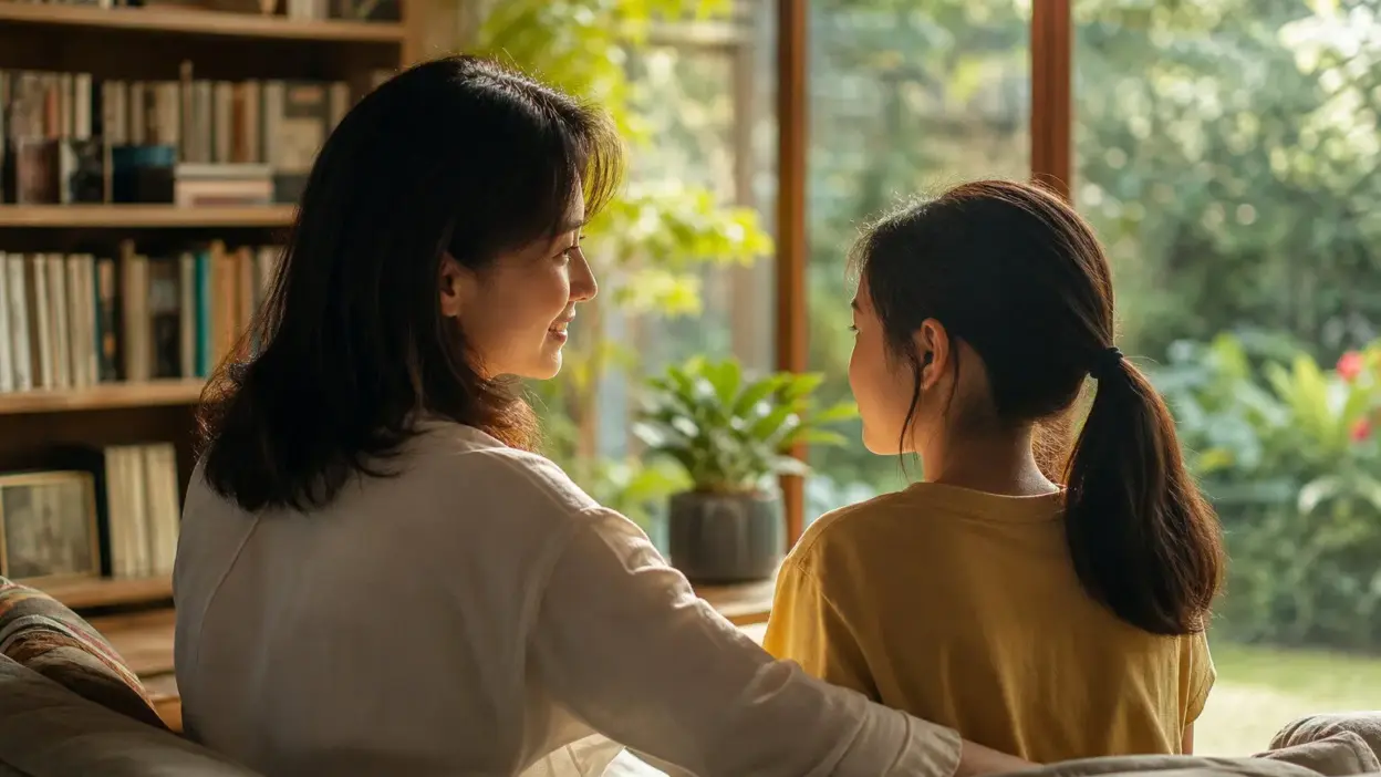 Ibu dan remaja perempuan berbincang hangat di ruang tamu sambil menonton drama romansa untuk menjaga mental health anak