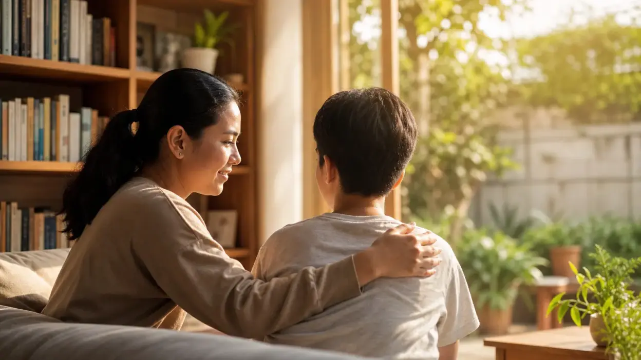 Orang tua berbicara hangat dengan anak remaja di ruang keluarga untuk mendukung kesehatan mentalnya