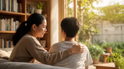 Orang tua berbicara hangat dengan anak remaja di ruang keluarga untuk mendukung kesehatan mentalnya