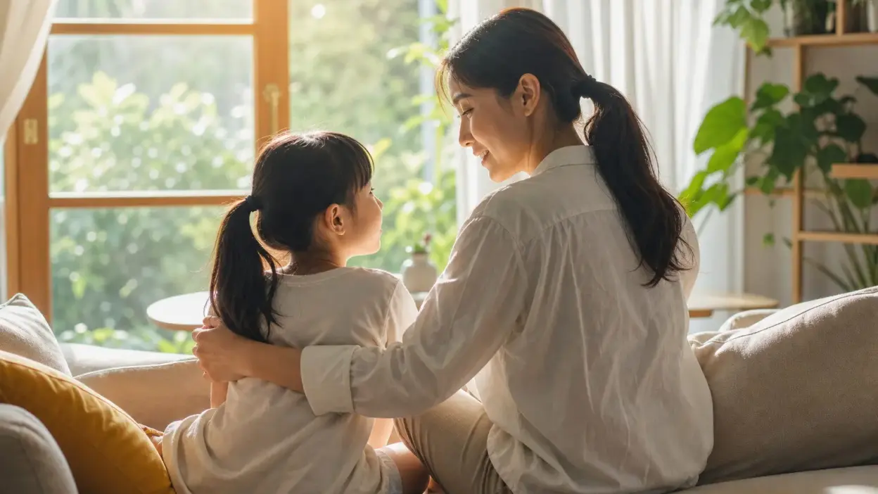 Orang tua mengobrol hangat dengan anak di ruang keluarga sebagai ruang aman emosi untuk mental health anak