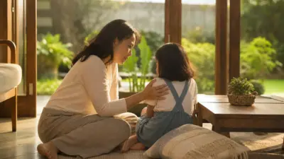 Ayah dan Bunda berbicara lembut dengan anak di ruang tamu yang hangat sebagai dukungan mental health anak