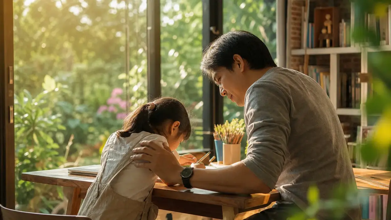 Orang tua mendampingi anak belajar di meja belajar dengan suasana hangat untuk menumbuhkan motivasi belajar anak