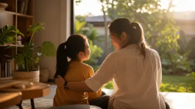 Orang tua dan remaja berbincang hangat di ruang keluarga sebagai contoh parenting di era modern yang mendukung keseimbangan emosi remaja