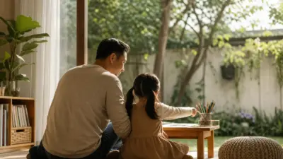 Orang tua mendampingi anak belajar di rumah dalam parenting era modern dengan suasana hangat dan tenang
