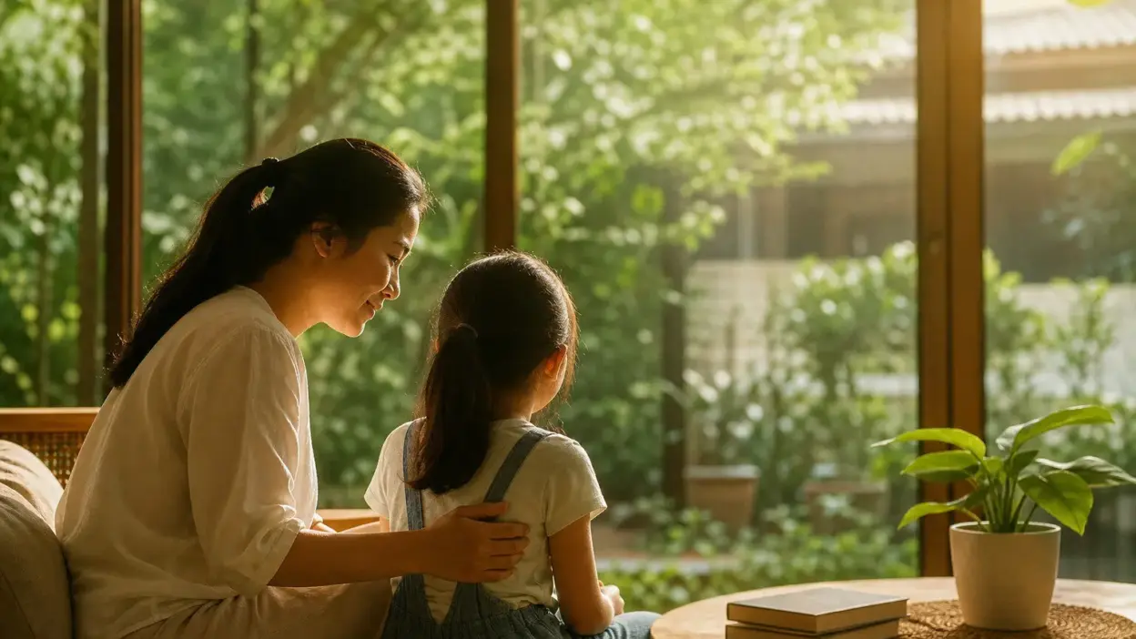 Orang tua mendampingi anak remaja membahas media sosial sebagai bagian dari parenting modern menghadapi FOMO