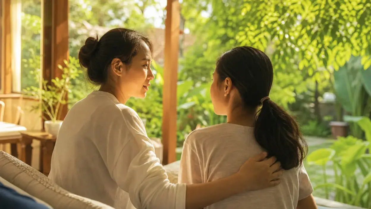 Orang tua sedang berbicara hangat dengan remaja tentang penggunaan media sosial sebagai bagian dari parenting modern
