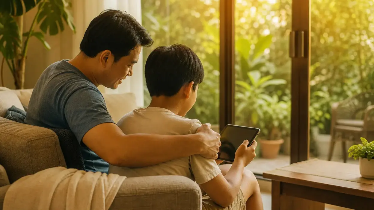 Orang tua berdiskusi hangat dengan remaja pencinta teknologi di ruang keluarga yang nyaman