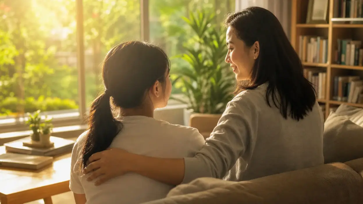 Orang tua berbincang hangat dengan remaja di ruang keluarga sebagai bagian dari parenting modern mendampingi remaja yang memilih tidak pacaran