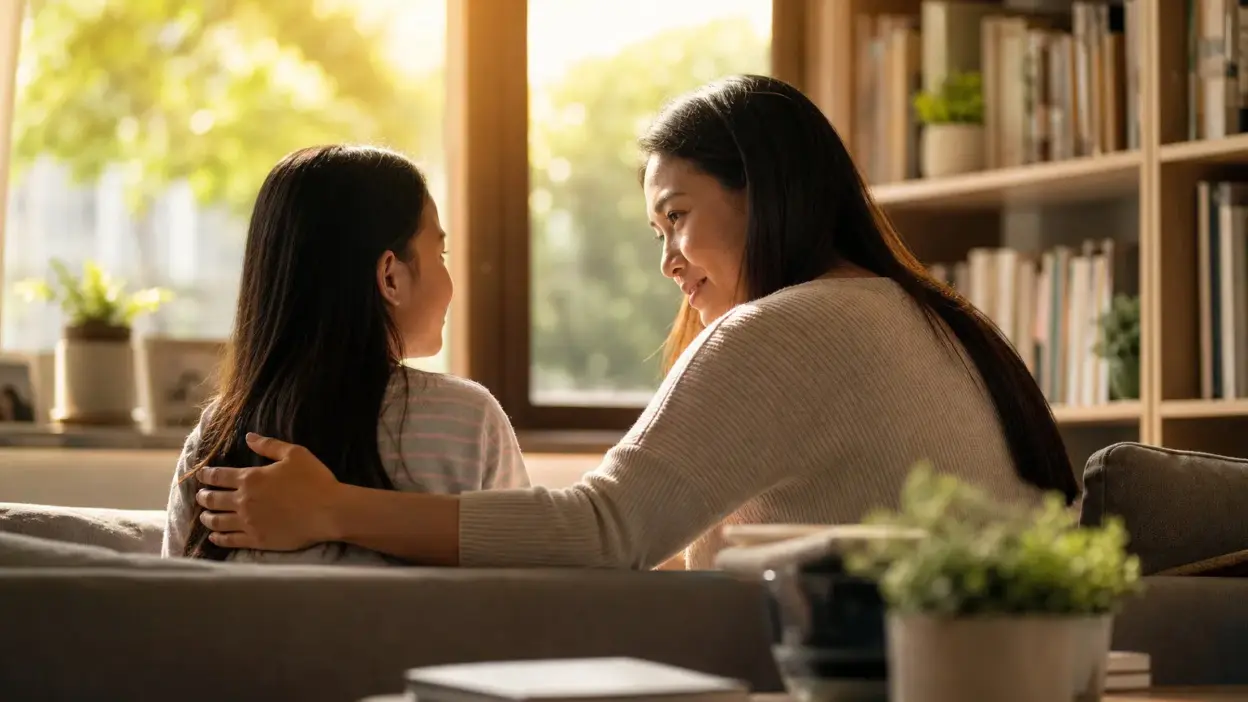 Orang tua dan remaja berbincang hangat di meja belajar tentang tekanan prestasi sekolah dalam pendekatan parenting modern