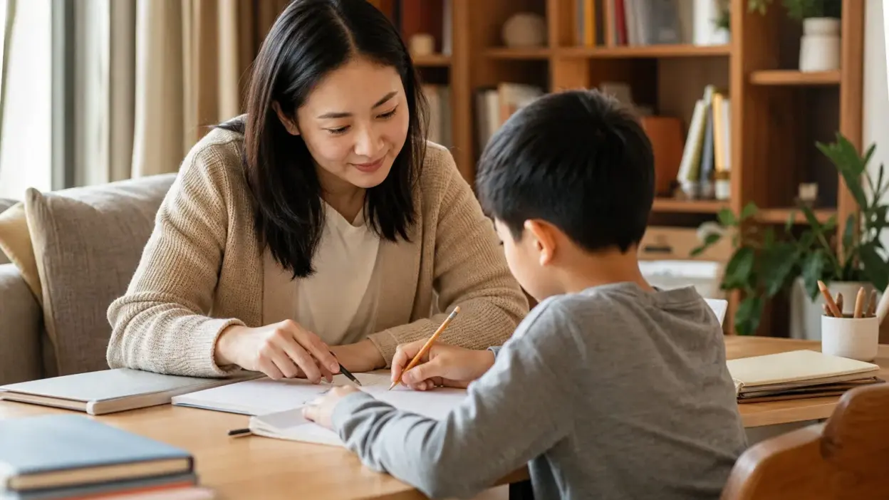Orang tua menerapkan parenting positif saat mendampingi anak yang sulit fokus belajar di rumah