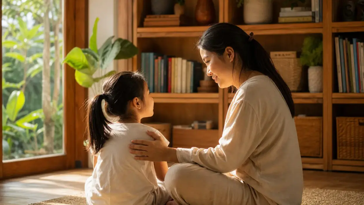 Orang tua menerapkan parenting positif saat berbicara hangat dengan anak yang tampak cemas di ruang keluarga yang tenang