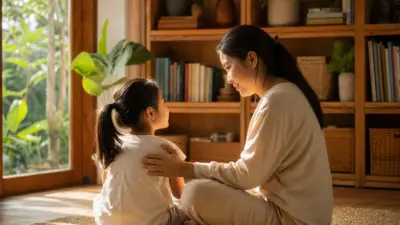 Orang tua menerapkan parenting positif saat berbicara hangat dengan anak yang tampak cemas di ruang keluarga yang tenang