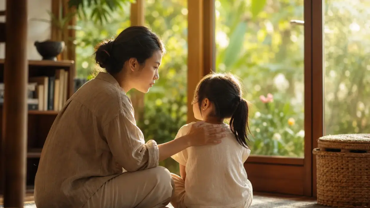 Orang tua menenangkan anak yang sedang emosi dengan pendekatan parenting positif di ruang keluarga yang hangat
