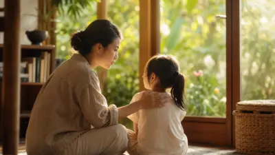 Orang tua menenangkan anak yang sedang emosi dengan pendekatan parenting positif di ruang keluarga yang hangat