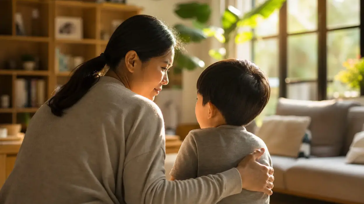 Orang tua menerapkan parenting positif dengan menenangkan anak yang kesulitan mengatur emosi di ruang keluarga