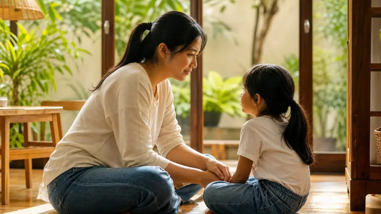Orang tua menerapkan parenting positif saat anak menentang dengan bicara tenang di ruang keluarga yang hangat