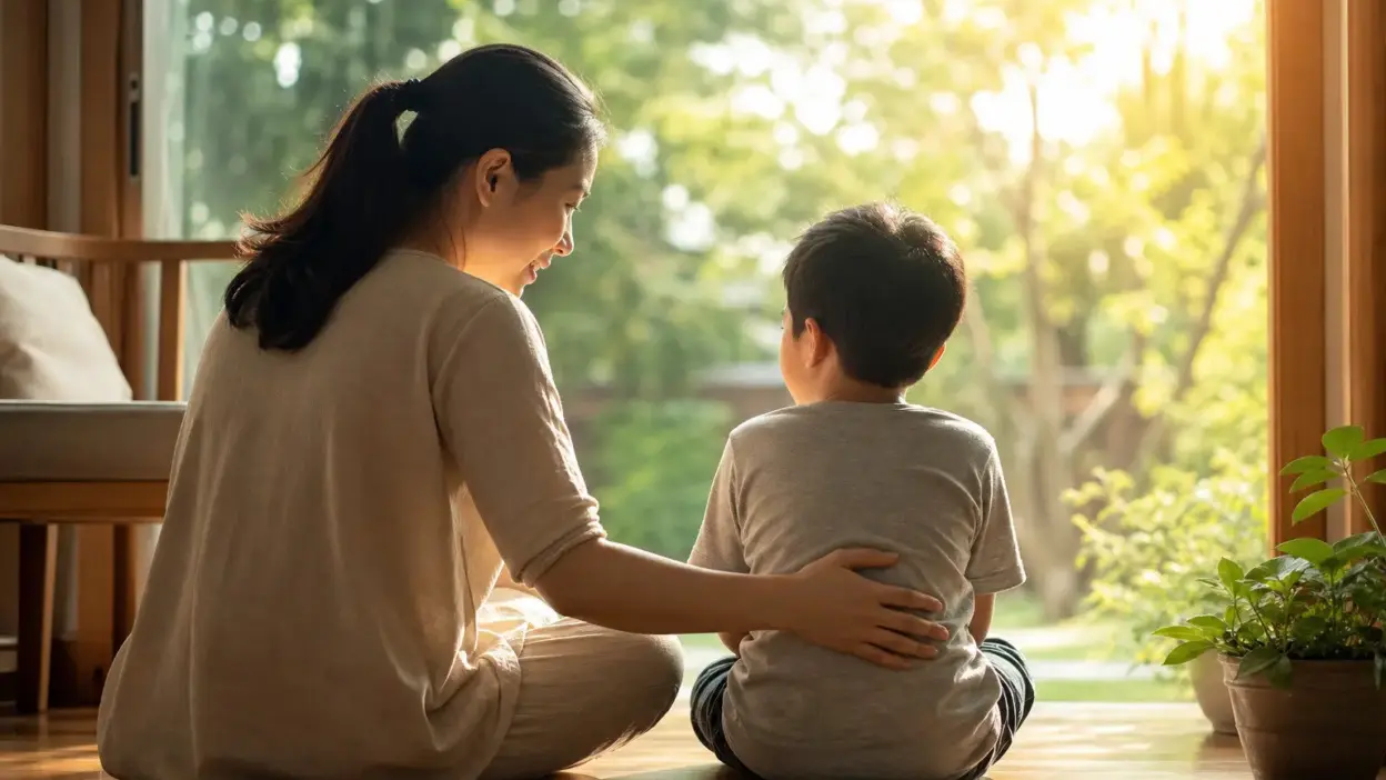Orang tua menerapkan parenting positif saat anak diminta membereskan mainan di ruang keluarga yang terang dan hangat