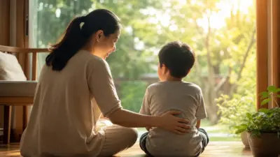 Orang tua menerapkan parenting positif saat anak diminta membereskan mainan di ruang keluarga yang terang dan hangat