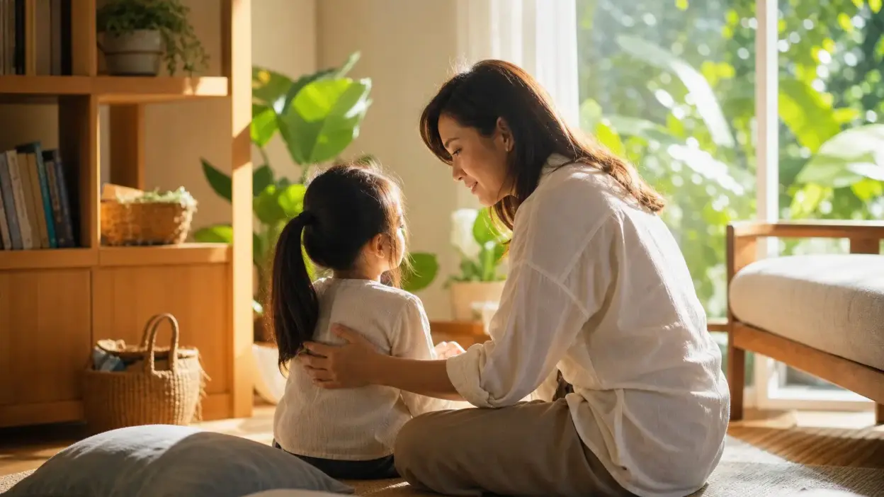 Orang tua menenangkan anak yang peka emosi dengan pendekatan parenting positif di ruang keluarga