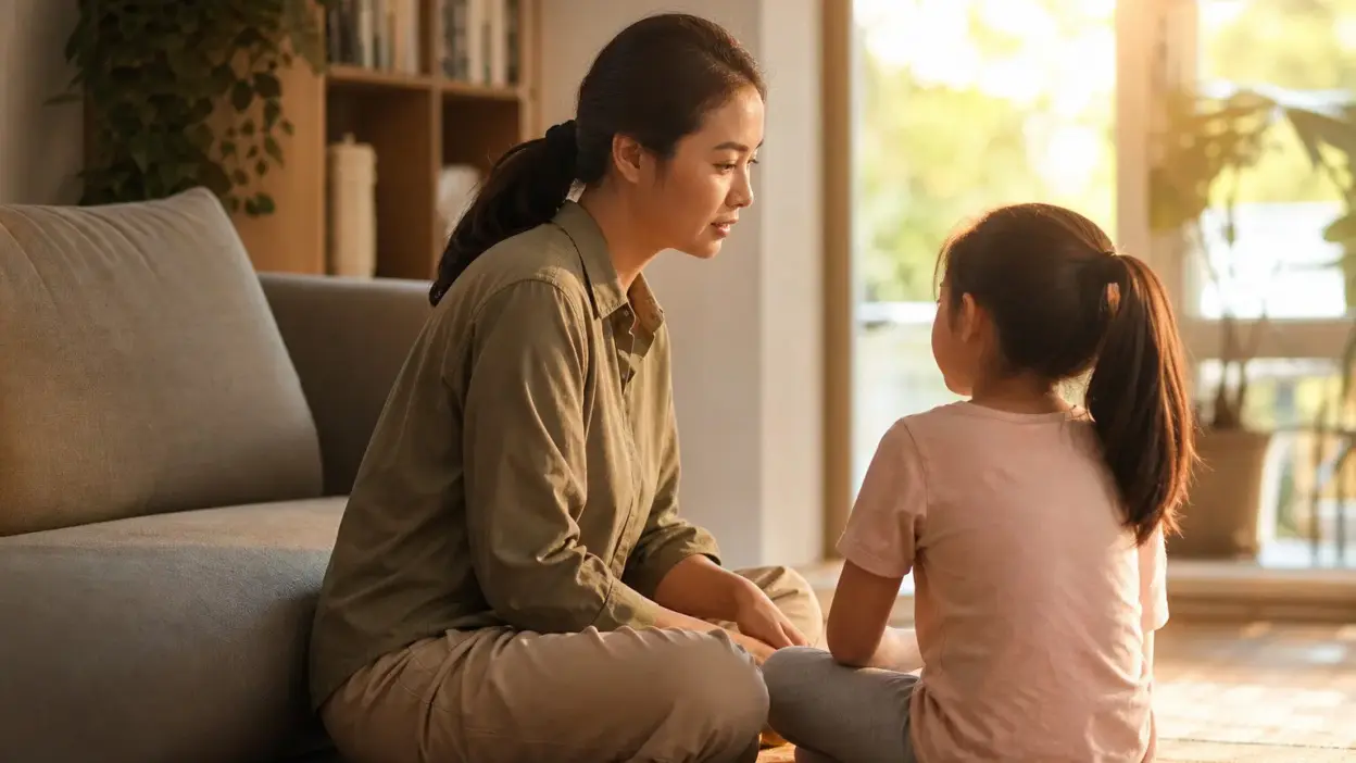 Orang tua menerapkan parenting positif dengan mendampingi anak yang sulit mengungkapkan perasaan melalui obrolan hangat dan aktivitas menggambar bersama