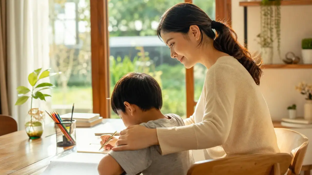 Orang tua menerapkan parenting positif saat mendampingi anak yang sulit fokus belajar di rumah