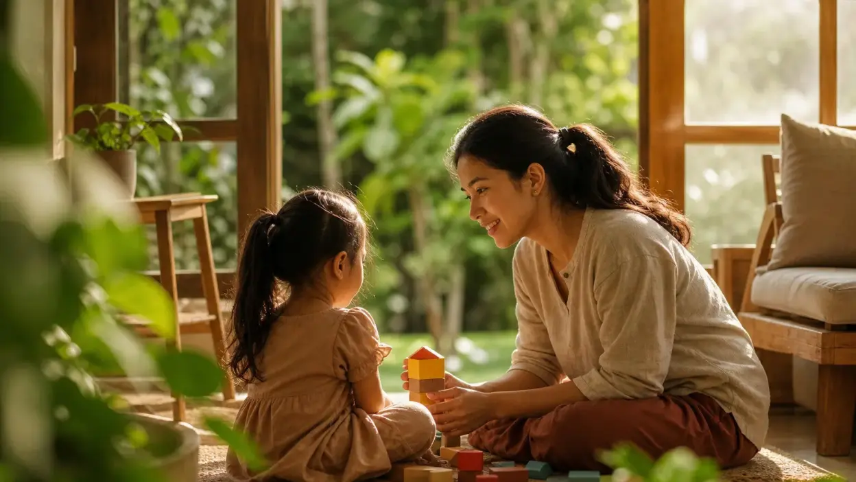 Orang tua menerapkan parenting positif dan pola asuh konsisten dengan anak di rumah dalam suasana hangat dan tenang