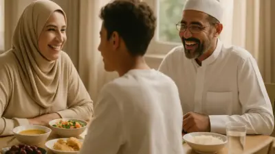 Orang tua dan remaja muslim berbincang hangat saat berbuka puasa sebagai bagian dari parenting positif di bulan Ramadan