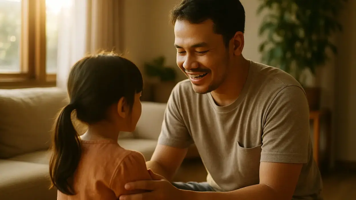 Orang tua mendengarkan anak dengan hangat sebagai penerapan pengasuhan positif dalam keseharian