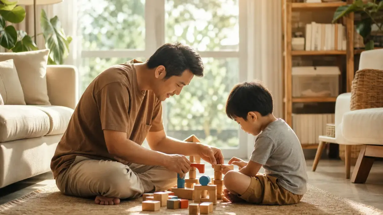 Orang tua mendampingi anak usia dini belajar mengenali emosi di ruang keluarga yang hangat