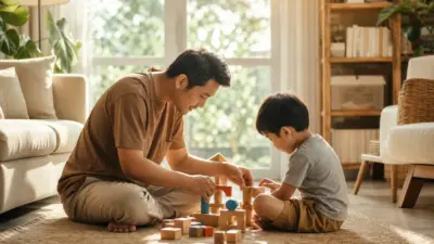 Orang tua mendampingi anak usia dini belajar mengenali emosi di ruang keluarga yang hangat