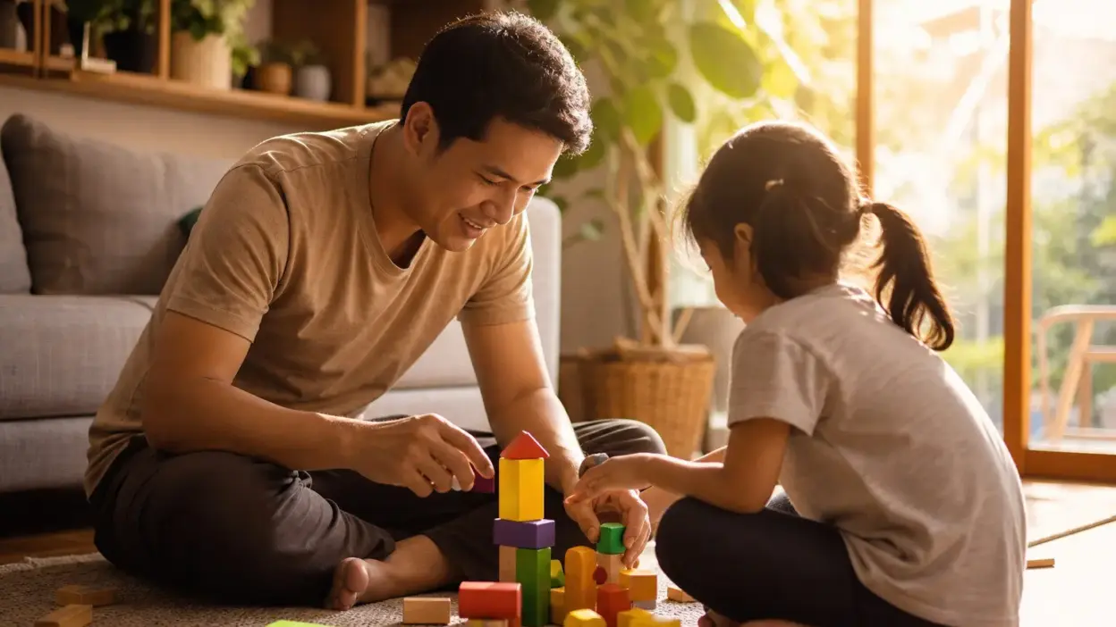 Orang tua membacakan buku kepada anak di ruang keluarga yang hangat untuk mendukung perkembangan otak anak melalui kedekatan emosional di rumah