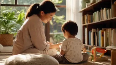 Orang tua membaca buku bersama anak di ruang keluarga yang hangat untuk mendukung perkembangan otak anak di era digital