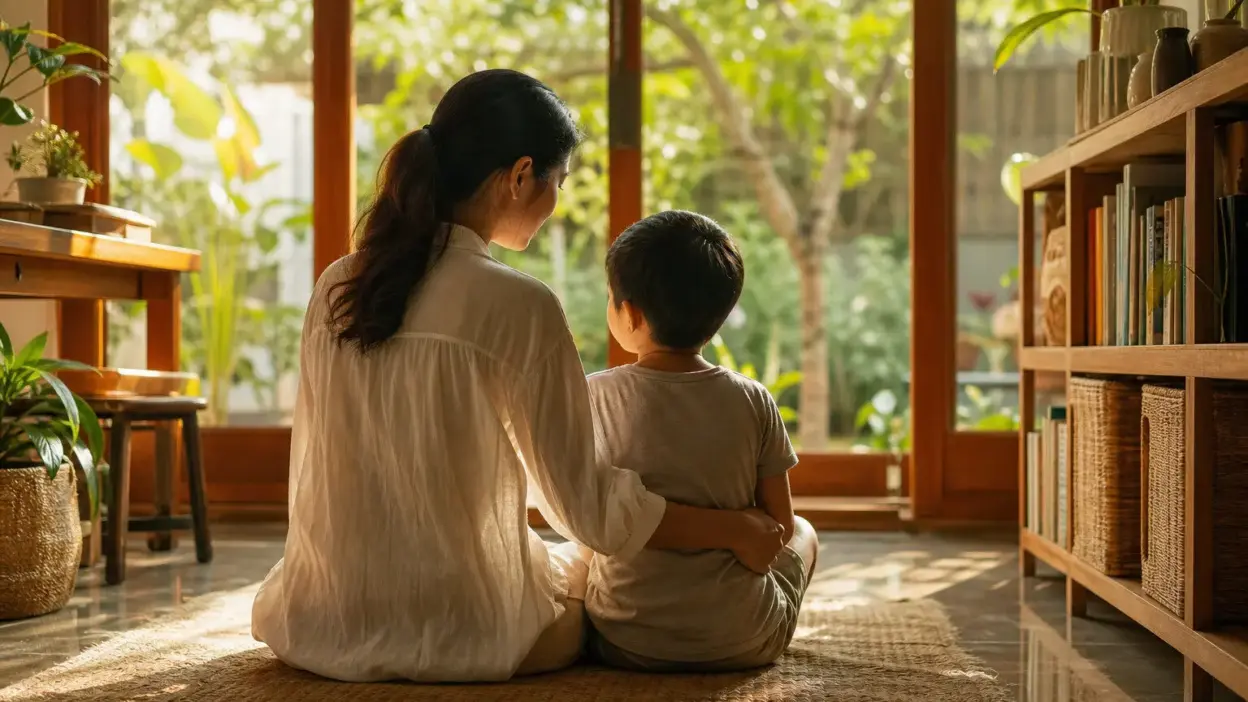 Orang tua dan anak membaca bersama di ruang keluarga yang terang sebagai dukungan bagi perkembangan otak anak dan kedekatan emosional di rumah