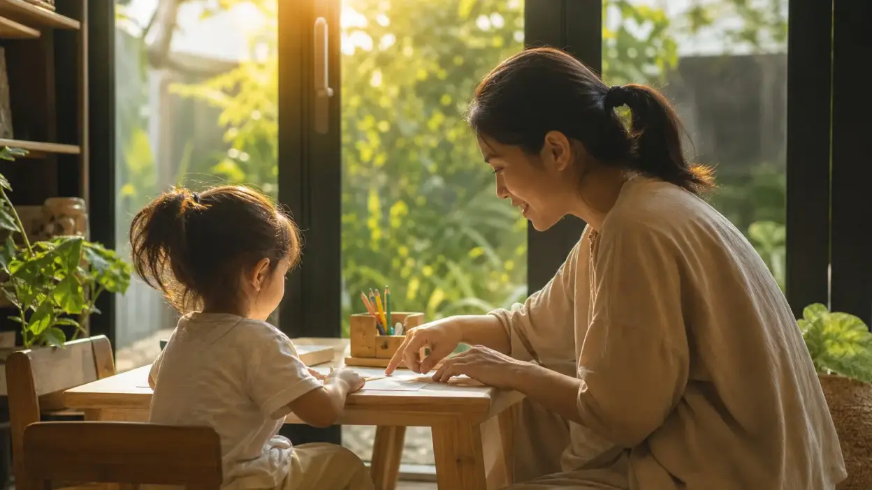 Orang tua bermain dan membaca bersama anak di ruang keluarga yang hangat untuk mendukung perkembangan otak anak