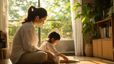 Orang tua membacakan buku sambil memeluk anak di ruang keluarga yang hangat untuk mendukung perkembangan otak anak