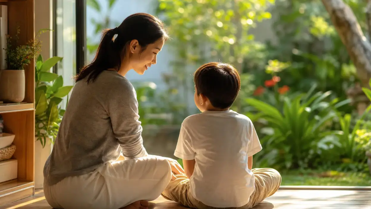 Orang tua berdiskusi hangat dengan anak tentang pilihan sekolah dalam sudut pandang psikologi anak