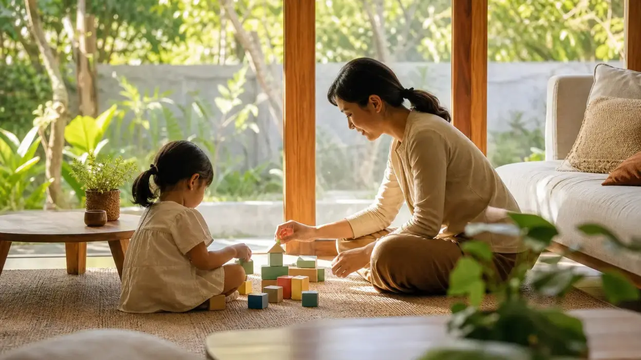 Orang tua dan anak berinteraksi hangat di ruang keluarga untuk membangun rasa aman menurut psikologi anak